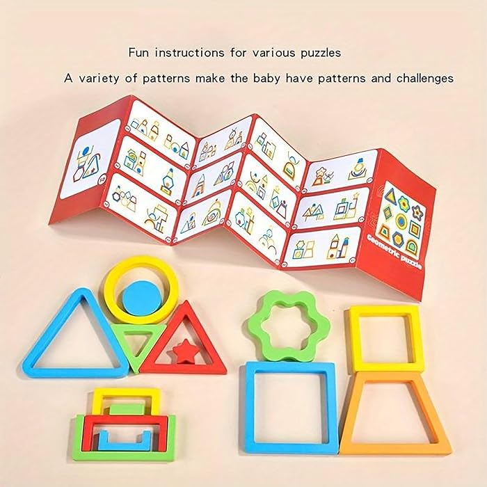 Jouet d'apprentissage Puzzle en Bois – 9 Pièces Géométriques Colorées et Cartes de Modèles