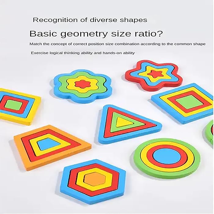 Jouet d'apprentissage Puzzle en Bois – 9 Pièces Géométriques Colorées et Cartes de Modèles