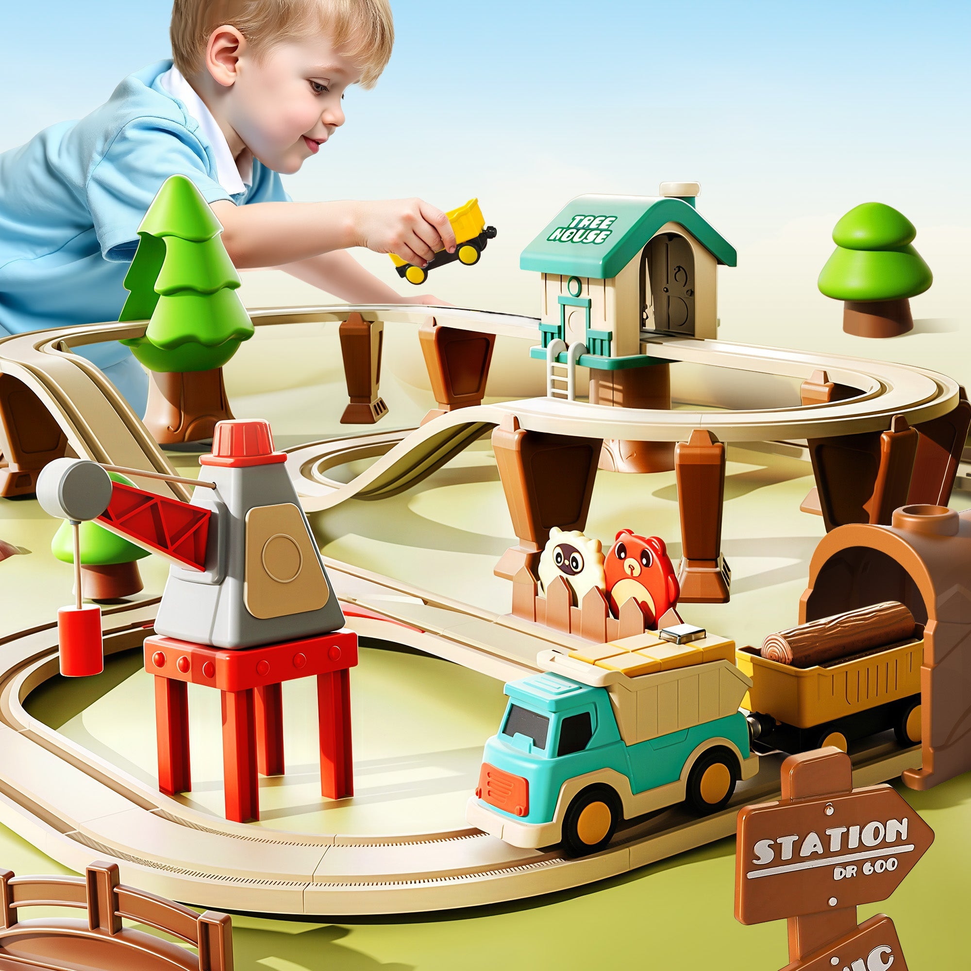 Set de vías de tren motorizado de aventura en el bosque Fidtoy 62 piezas