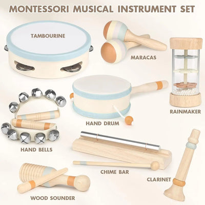 Fidtoy Juego de 8 instrumentos musicales de madera para niños pequeños, set de instrumentos de ritmo con tambor, campanas y maracas