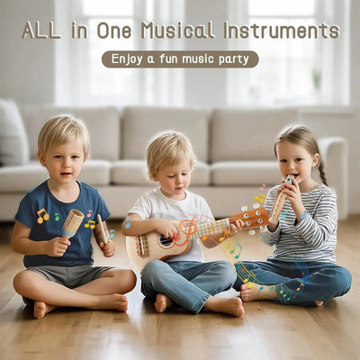 Fidtoy Juego de instrumentos musicales de 7 piezas para niños pequeños Ukelele Juguetes de aprendizaje de ritmo para niños
