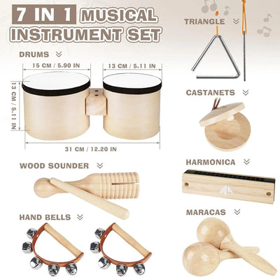 Fidtoy 7-Piece Musical Toys for Toddlers Wooden Instrument Set Drum Bells Maracas Learning Toys