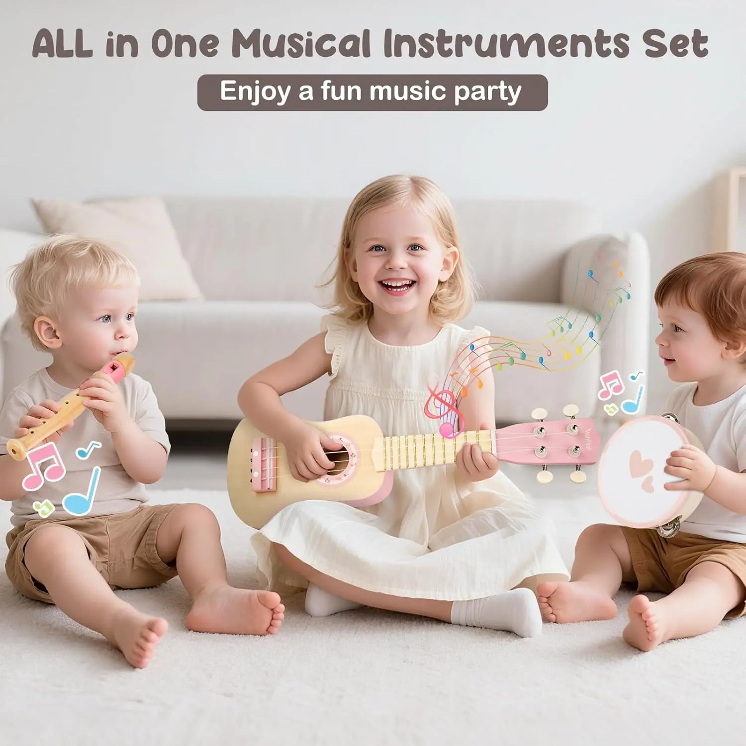Fidtoy Wooden Music Toy Set for Toddlers Ukulele Instrument Set Musical Learning Toys
