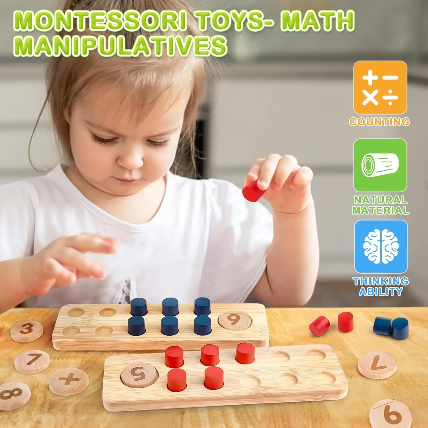Fidtoy Juguete de Matemáticas de Madera para Niños Pequeños, Set de Aprendizaje de Conteo, Suma y Resta con Clavijas y Números