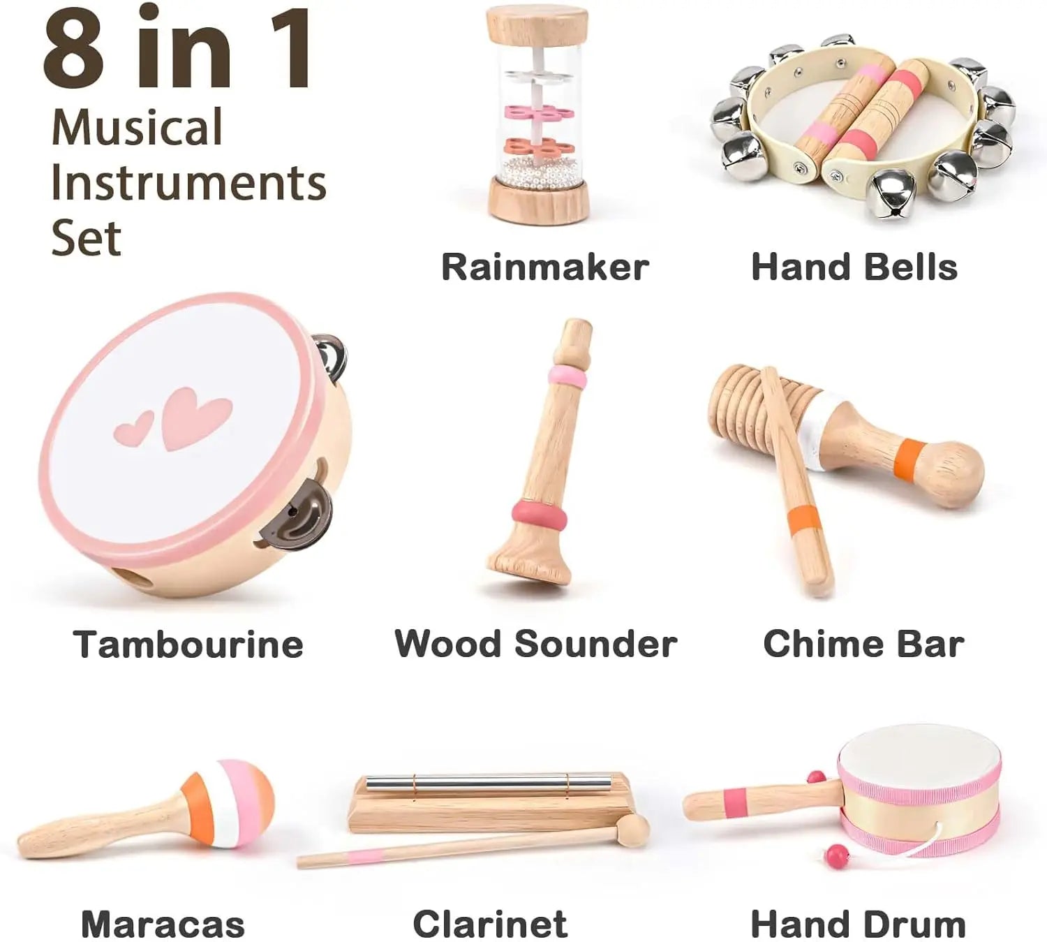 Juego de juguetes musicales de madera Fidtoy para niños pequeños, juego de instrumentos de 8 piezas, juguetes musicales educativos