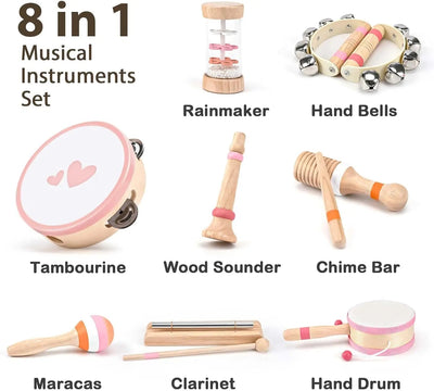 Juego de juguetes musicales de madera Fidtoy para niños pequeños, juego de instrumentos de 8 piezas, juguetes musicales educativos
