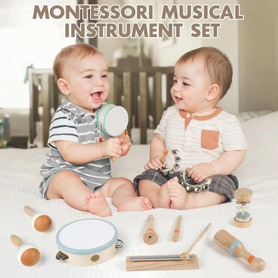 Fidtoy Juego de 8 instrumentos musicales de madera para niños pequeños, set de instrumentos de ritmo con tambor, campanas y maracas