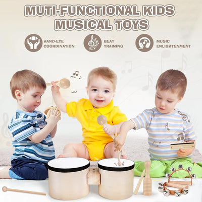 Fidtoy 7-Piece Musical Toys for Toddlers Wooden Instrument Set Drum Bells Maracas Learning Toys