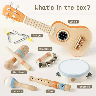 Fidtoy Juego de instrumentos musicales de 7 piezas para niños pequeños Ukelele Juguetes de aprendizaje de ritmo para niños