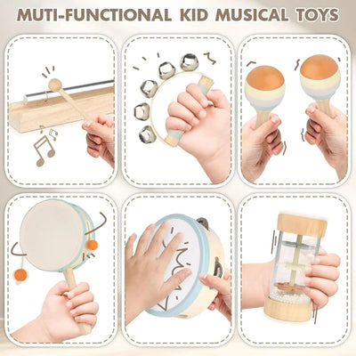 Fidtoy Juego de 8 instrumentos musicales de madera para niños pequeños, set de instrumentos de ritmo con tambor, campanas y maracas