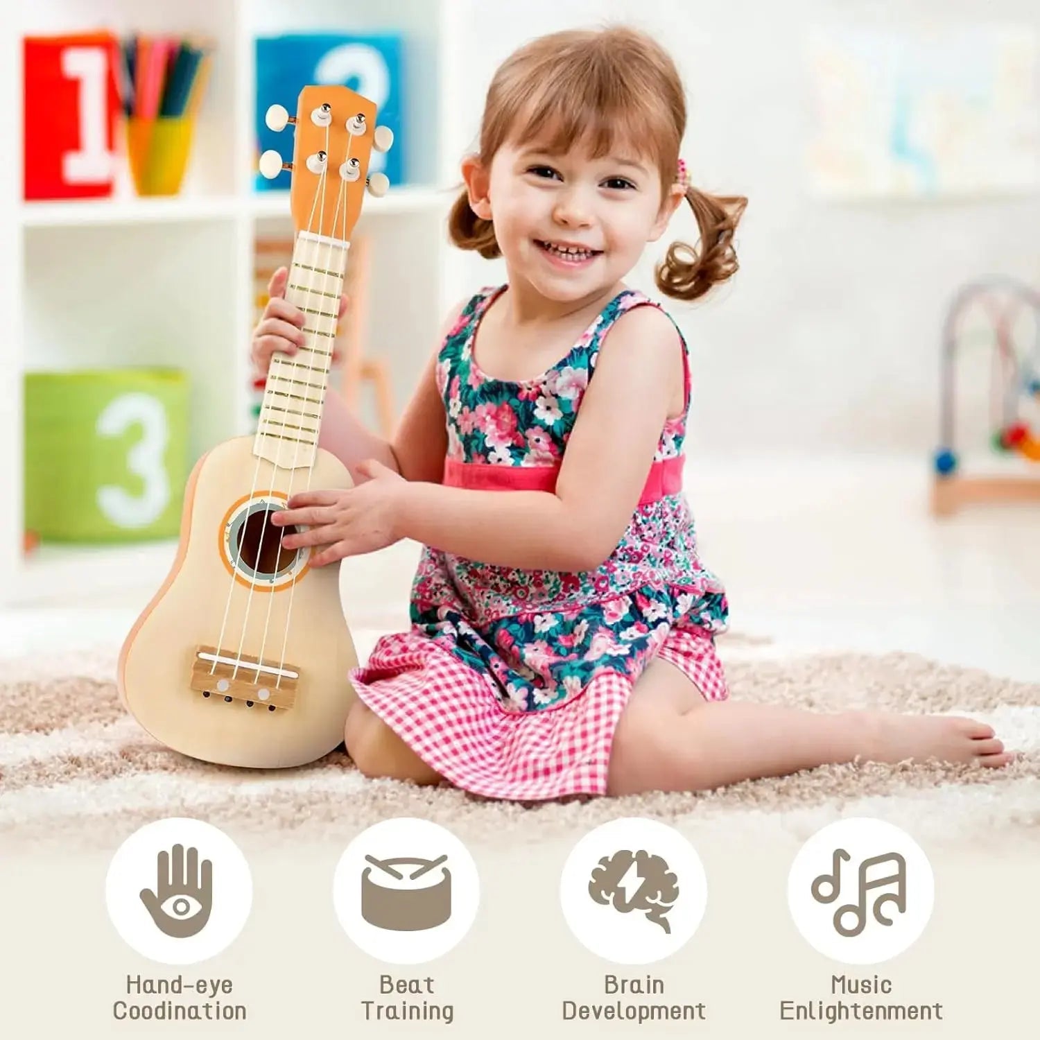 Fidtoy Juego de instrumentos musicales de 7 piezas para niños pequeños Ukelele Juguetes de aprendizaje de ritmo para niños