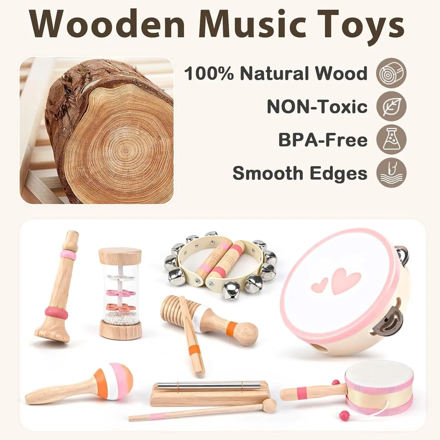 Juego de juguetes musicales de madera Fidtoy para niños pequeños, juego de instrumentos de 8 piezas, juguetes musicales educativos