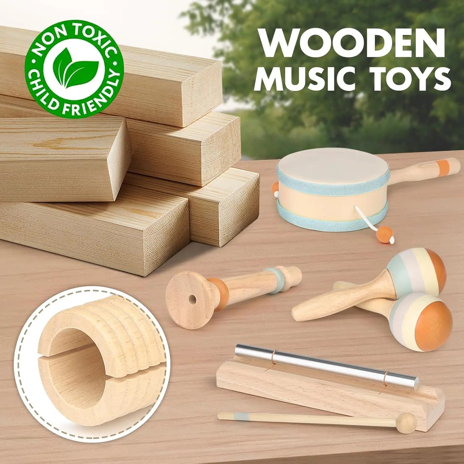 Fidtoy Juego de 8 instrumentos musicales de madera para niños pequeños, set de instrumentos de ritmo con tambor, campanas y maracas