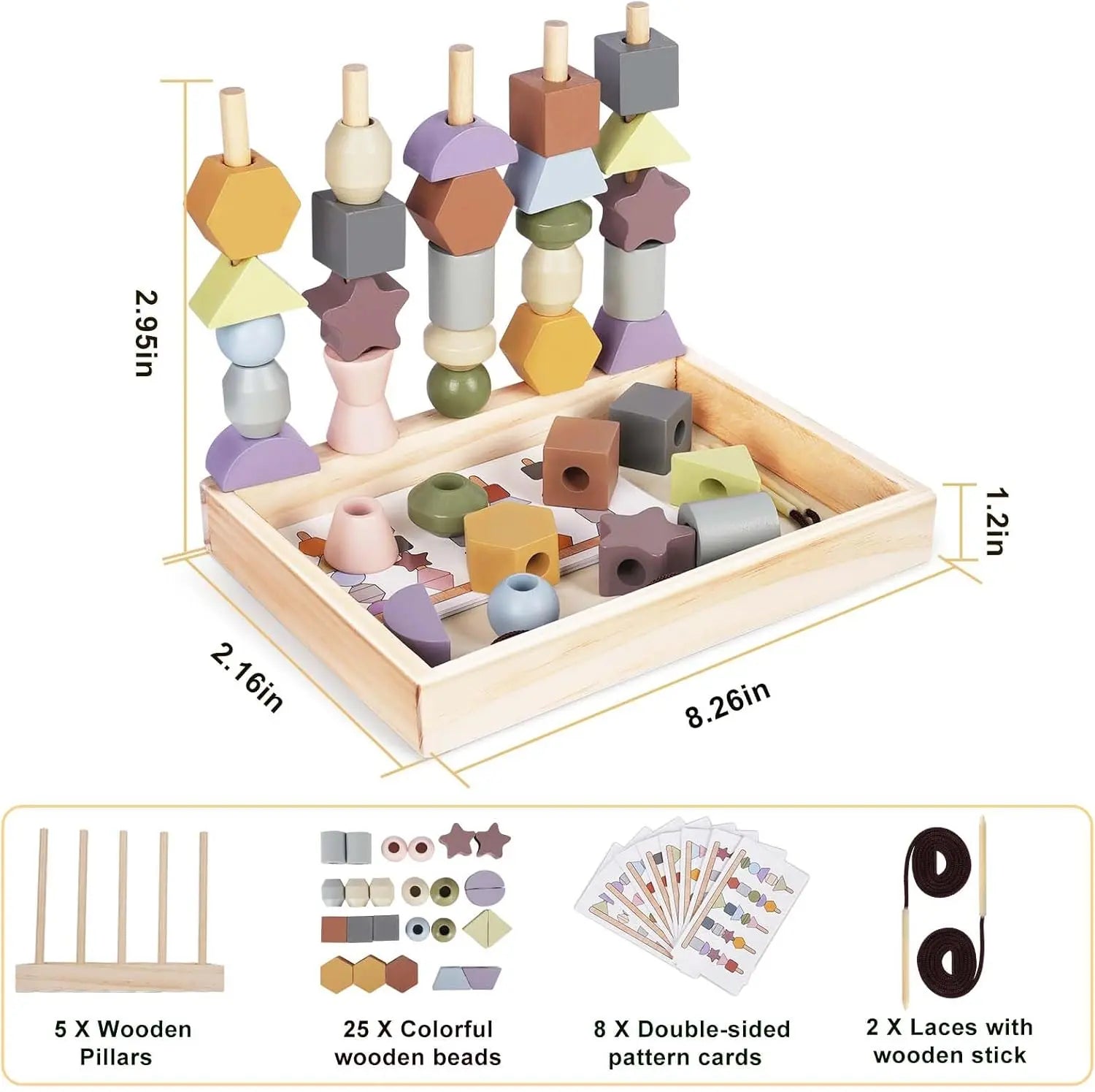Fidtoy Wooden Toy for Toddlers Color Shape Matching Stacking Threading Learning Toy Set