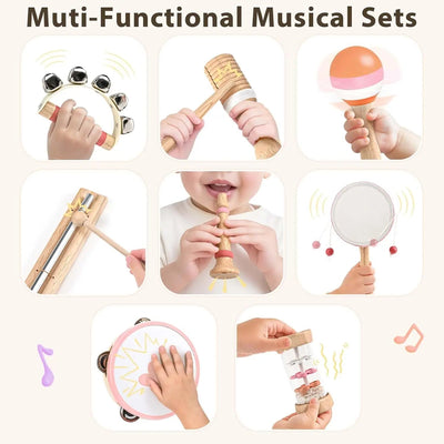 Juego de juguetes musicales de madera Fidtoy para niños pequeños, juego de instrumentos de 8 piezas, juguetes musicales educativos