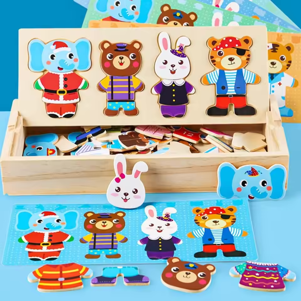 Rompecabezas de madera Montessori con animales para niños - Juguete educativo para bebés y niños
