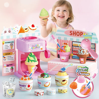 Juego de cocina 2 en 1 que cambia de color para postres - Juguete de helado y pastel con cambio de color con agua helada, juguetes de cocina de juego de imitación para niños, regalos de cumpleaños para niñas y niños