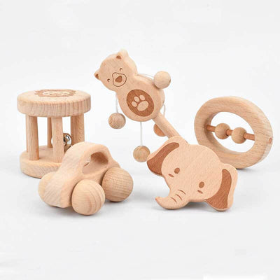 Fidtoy Wooden Baby Rattle & Teether Toy Set – Montessori Sensory & Motor Skill Development