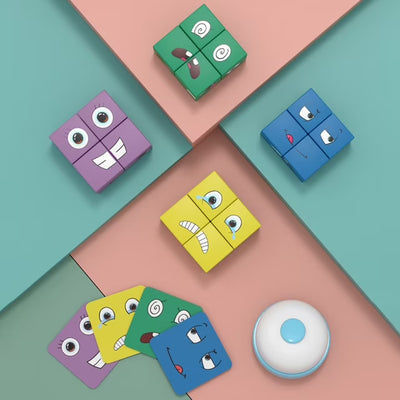 Fidtoy Wooden Face Changing Magic Cube Puzzle with Buzzer for Kids | Expression Matching Game, Montessori Brain Teaser, Pattern Cards & Fine Motor Tabletop Toy Age 3-8