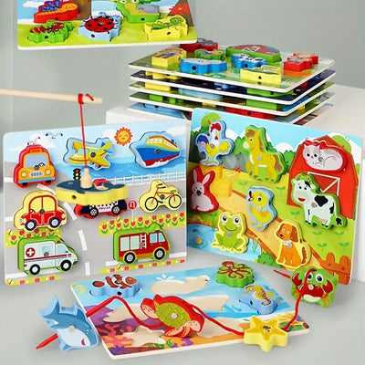 Fidtoy 3D Magnetic Lacing Colorful Puzzle - Random Design, Wooden Magnetic Fishing and Lacing Puzzle, Fine Motor Color Matching Early Learning Toy Ages 2-6