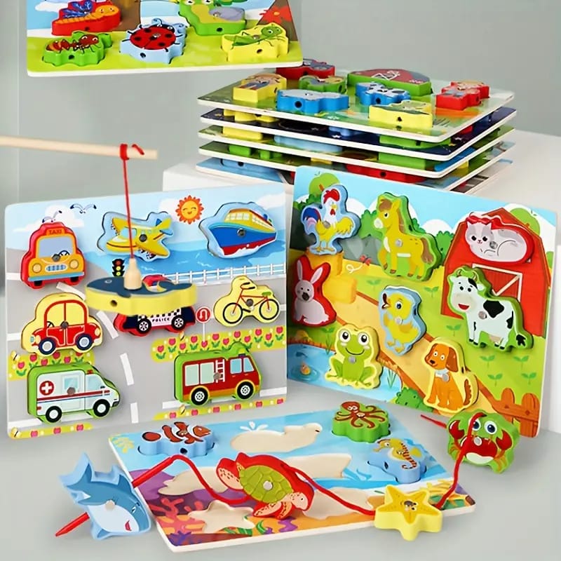 Fidtoy 3D Magnetic Lacing Colorful Puzzle - Random Design, Wooden Magnetic Fishing and Lacing Puzzle, Fine Motor Color Matching Early Learning Toy Ages 2-6