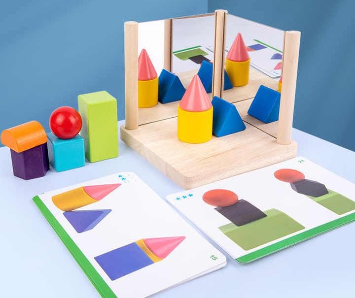 Fidtoy Mirror Wooden 3D Shape Pattern Blocks Montessori Geometry Puzzle Toy for Kids Spatial Learning Play