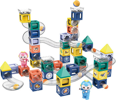 Fidtoy STEM Marble Run Magnetic Stacking Blocks with Dolls 52 Pieces for Kids Ages 3+, Plastic Magnetic Building Blocks Set with Marble Track, Stickers, 2 Dolls, Creative STEM Construction Toy