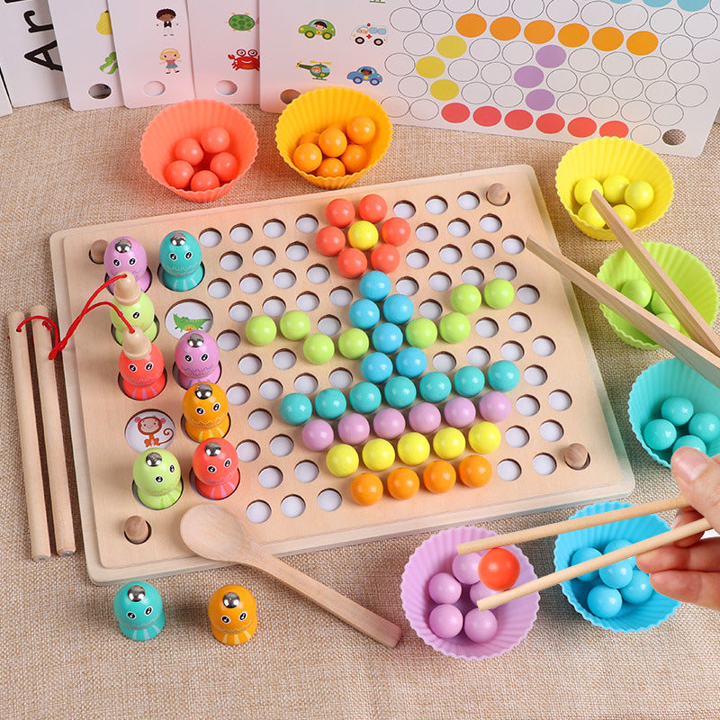 Fidtoy Jouet en bois magnétique de pêche 3 en 1 avec support de perles colorées, jouet de tri de perles en bois avec cartes de motifs, jouet d'apprentissage préscolaire pour la motricité fine, à partir de 3 ans