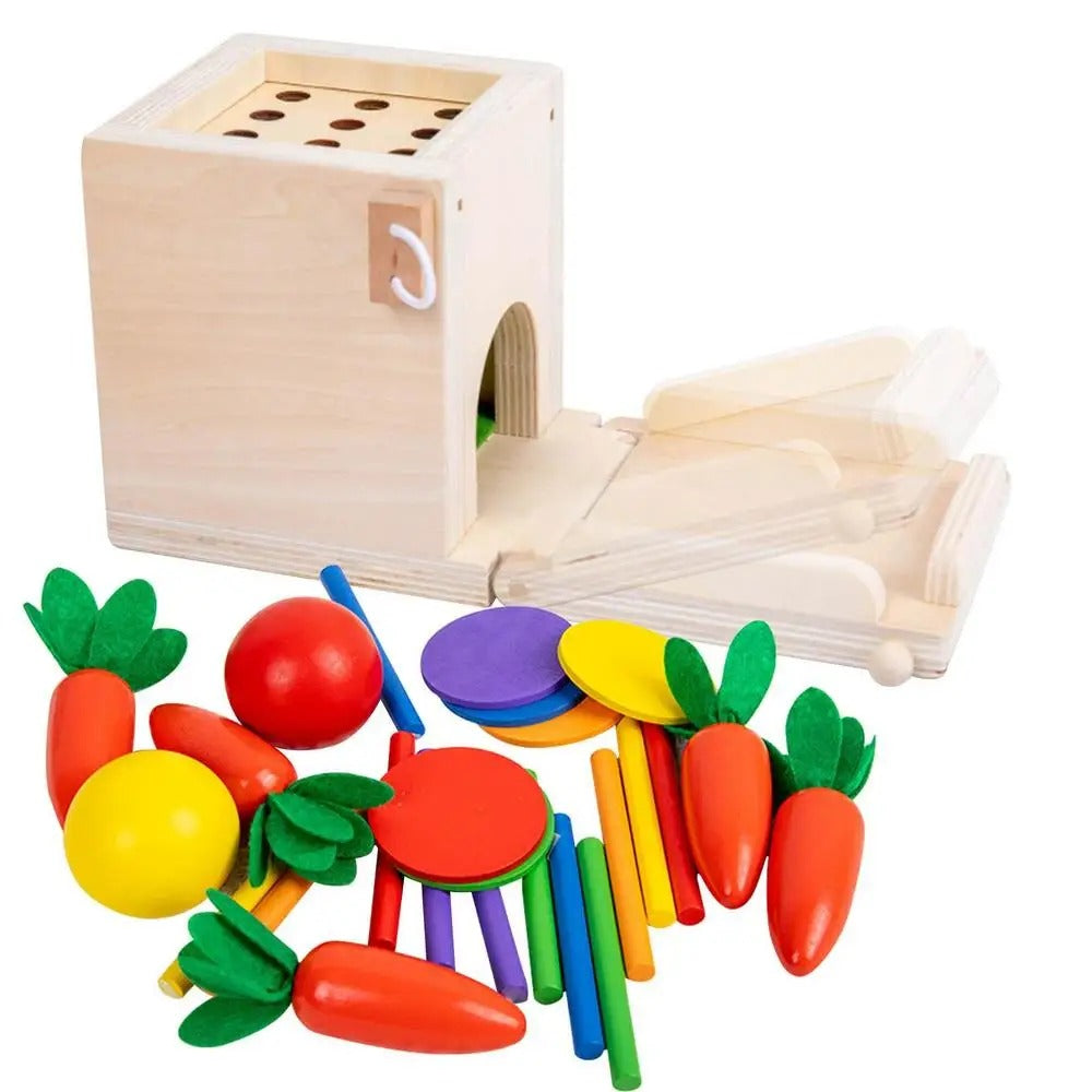 Fidtoy 6-in-1 Montessori Early Education Intelligence Multi-functional Box for Toddlers, Object Permanence Learning Box with Coin Matching, Carrot Pulling, Bug Catching and Clock Learning