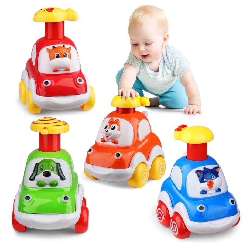 Ensemble de 4 jouets de voiture Fidtoy Press-to-Go animaux pour les tout-petits de 2 ans et plus | Développement de la motricité et apprentissage des couleurs