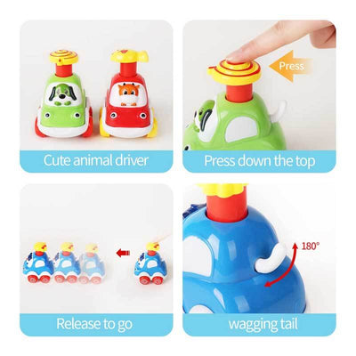 Ensemble de 4 jouets de voiture Fidtoy Press-to-Go animaux pour les tout-petits de 2 ans et plus | Développement de la motricité et apprentissage des couleurs