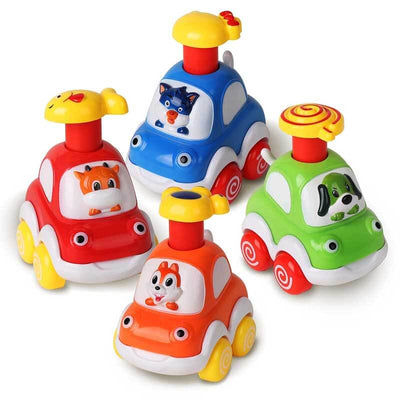 Ensemble de 4 jouets de voiture Fidtoy Press-to-Go animaux pour les tout-petits de 2 ans et plus | Développement de la motricité et apprentissage des couleurs