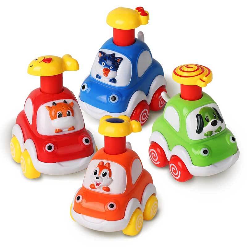 Ensemble de 4 jouets de voiture Fidtoy Press-to-Go animaux pour les tout-petits de 2 ans et plus | Développement de la motricité et apprentissage des couleurs