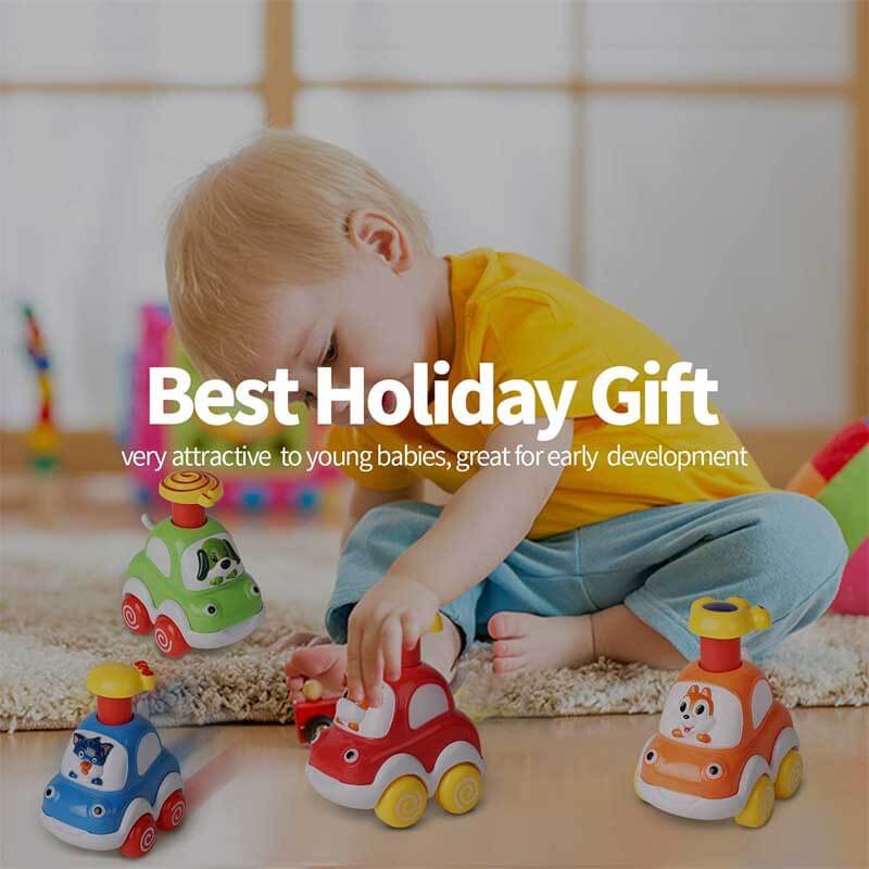 Ensemble de 4 jouets de voiture Fidtoy Press-to-Go animaux pour les tout-petits de 2 ans et plus | Développement de la motricité et apprentissage des couleurs