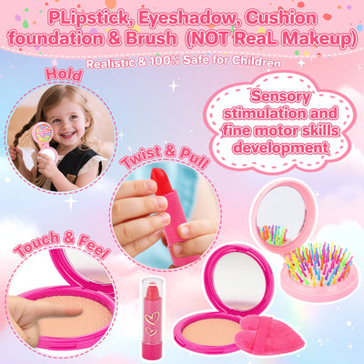 Kids Pretend Play Purse Set with Accessories – Girls Role Play Handbag Toy with Play Smartphone, Wallet, Fake Cash, Cards, Watch, Makeup, Hairbrush & Travel Cup – Educational Princess Dress Up Gifts for Girls Ages 3+