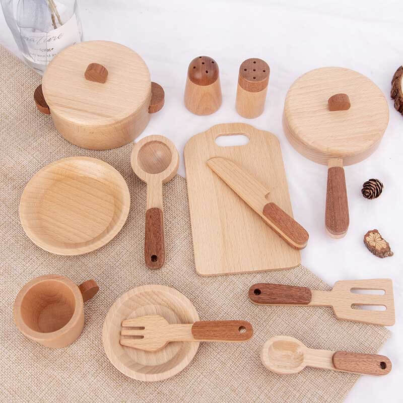 Fidtoy Accessoires de cuisine en bois – Ensemble de cuisine de 15 pièces pour les tout-petits