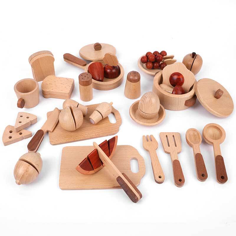 Fidtoy Accessoires de cuisine en bois – Ensemble de cuisine de 15 pièces pour les tout-petits