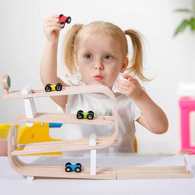 Fidtoy Coche de juguete de madera con rampa para niños - Juguete de aprendizaje interactivo