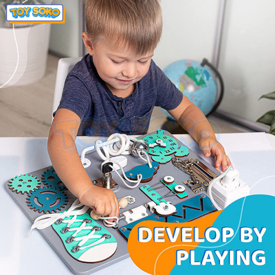 Fidtoy Pizarra sensorial de actividades 14 en 1, juguete de aprendizaje de madera
