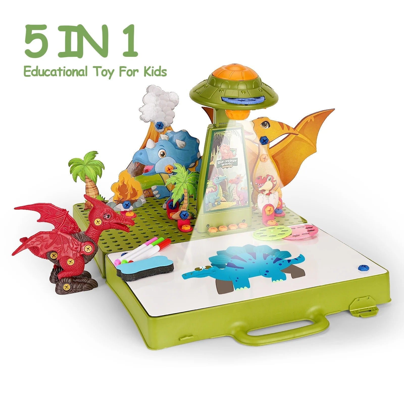 Fidtoy 5-in-1 Projector Painting with Dinosaur Assembling Screw Play Figure, Kids Dinosaur Drawing Projector Toy with 3D Puzzle, Screw Assembly, Colored Pens and Reusable Art Board Age 5+