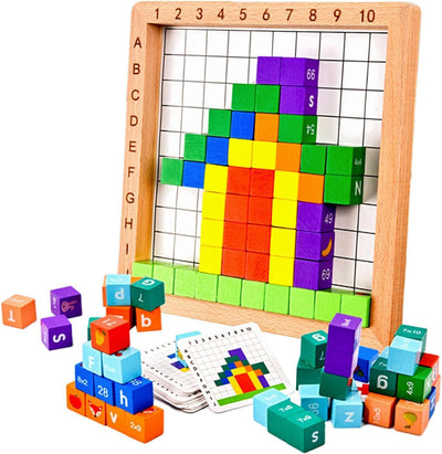 Fidtoy Wooden Multifunctional Number Alphabet and Animals Pattern Blocks Montessori Pixel Art Learning Toy for Kids Ages 2 to 6