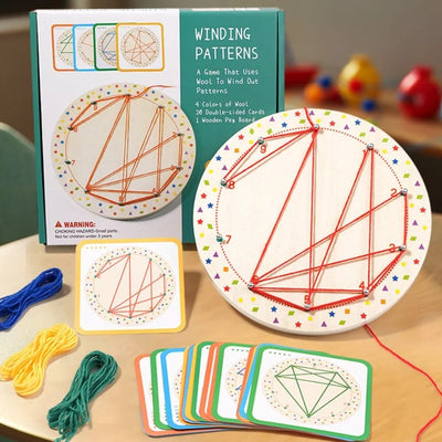 Fidtoy Wooden Geoboard Thread Winding Pattern Kit Montessori Lacing Board with 20 Double-Sided Cards and 3 Threads for Kids Ages 3+