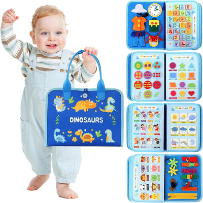 Fidtoy Busy Dinosaur Learning Sensory Fine Motor Book  for Toddlers – 5 Double-Sided Montessori Busy Book with Buckles, Zippers, Numbers, Letters & Weather Activities