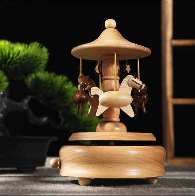 Boîte à Musique Manège en Bois Faite Main – Cadeau Carrousel Cheval Rotatif