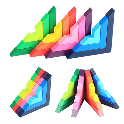 12 bloques de arcoíris de madera de colores con ángulos - Juguetes de construcción libre