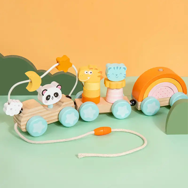 Tren de arrastre de madera Montessori para niños pequeños – Juguete educativo de aprendizaje