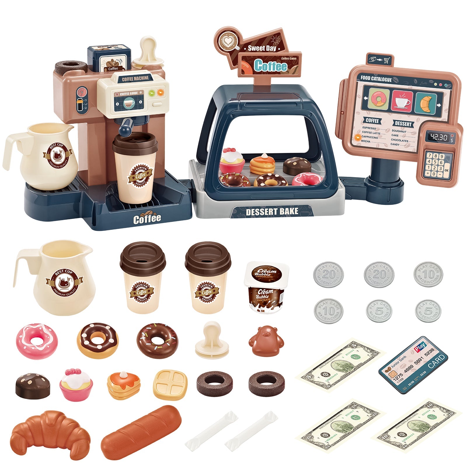 Cuisine d'imitation Jeu de café de magasin pour tout-petits, set de jeu machine à café et dessert, jouet de caisse enregistreuse pour enfants de 3 ans et plus