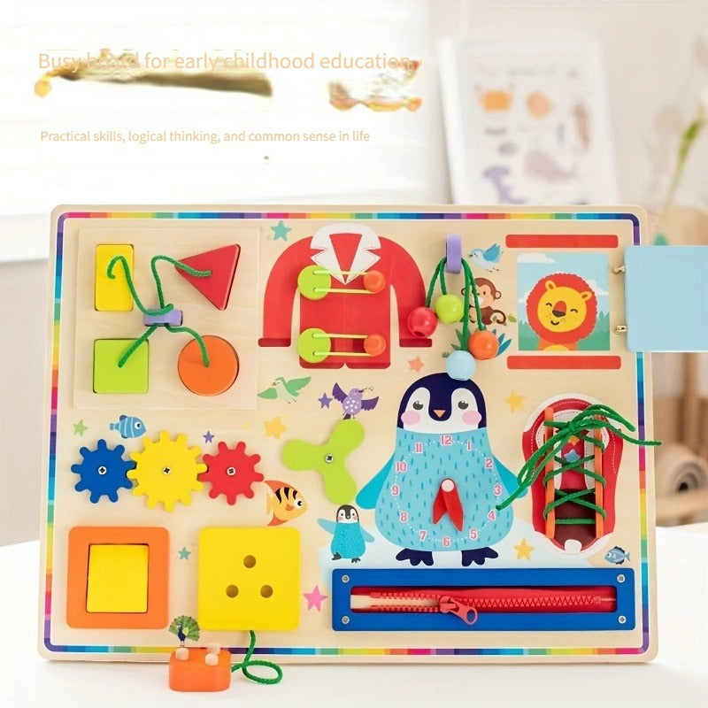Fidtoy Planche d'activités sensorielle en bois 10 en 1 pour tout-petits, planche d'activités Montessori pratique en bois avec xylophone, labyrinthe, trieur de formes, fermeture éclair, horloge, engrenages et interrupteurs Âges 2-4