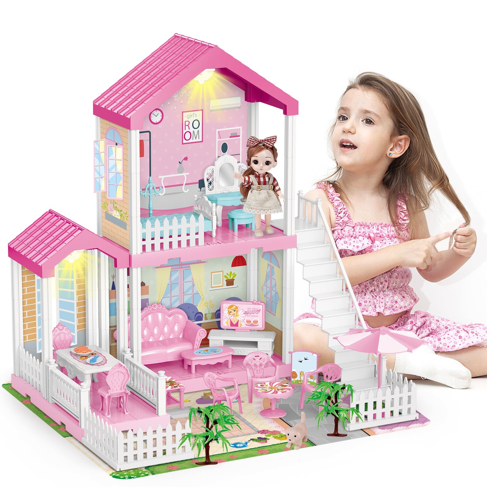 Casa de muñecas de ensueño con luces, alfombra, muebles, casa de muñecas de 2 pisos y 3 habitaciones, construcción de bricolaje, casa de juegos de simulación, regalo para mayores de 3 años