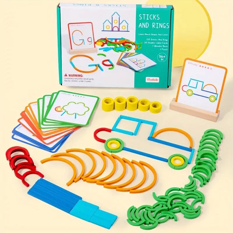 Fidtoy Wooden Sticks and Rings Pattern Matching Puzzle Cards Montessori Fine Motor Memory Toy for Kids Ages 3 to 8